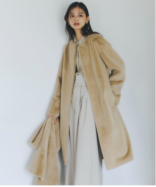 ECOPELノーカラーファーコート（ノーカラーコート）｜anuans（ア