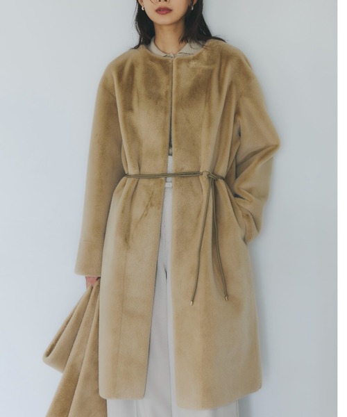 ECOPELノーカラーファーコート（ノーカラーコート）｜anuans（ア