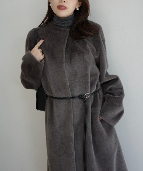 ECOPELノーカラーファーコート（ノーカラーコート）｜anuans（ア