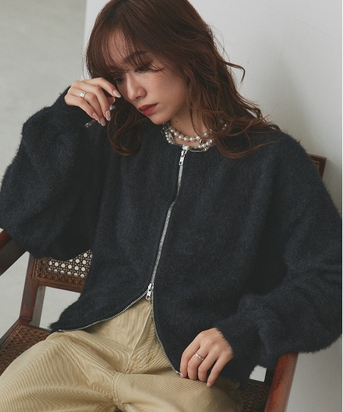 セール】ダブルジップ シャギーニット カーディガン（カーディガン