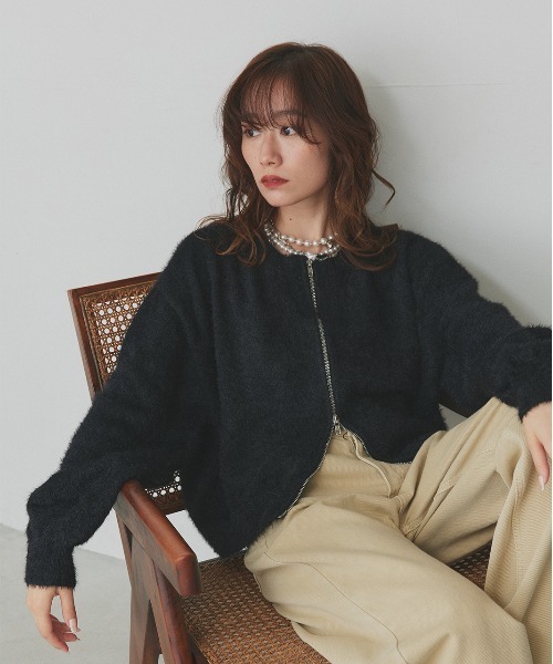 セール】ダブルジップ シャギーニット カーディガン（カーディガン