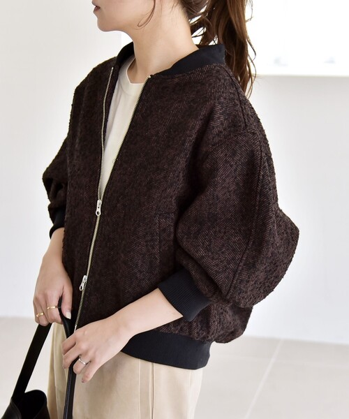 【もも】ツイードインレイ ブルゾン ブラック S quaranciel: ツイード ダブル ジップ ブルゾン（ブルゾン