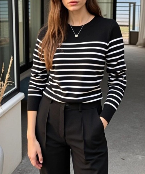 cammie(キャミー)の「ボーダートップス(Tシャツ/カットソー・レディース・ブラック/ホワイト・L/M)」の2枚目の写真