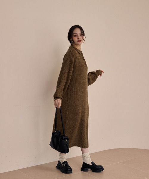 knit polo onepiece/ニットポロワンピース（ワンピース）｜OLUN