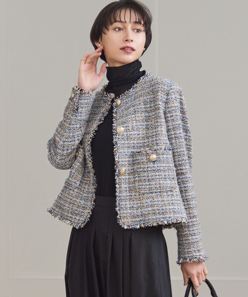 23区（ニジュウサンク）の「GIOLICAツイード ノーカラー ボタン ジャケット（その他アウター・レディース・ブラック系3/黄土色系3/ブルー系3・40/38）」の3枚目の写真