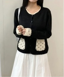 Vini（ヴィニ）の「【レトロガーリー】ドット柄フリルポケットカーディガン（ニット/セーター・レディース）」