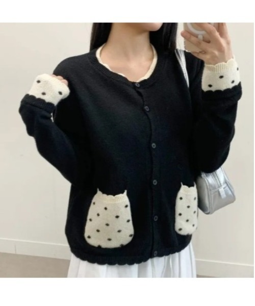 Vini（ヴィニ）の「【ウィッシュコア】レイヤードスタイルドット柄フリルポケットカーディガン（ニット/セーター・レディース・ブラック/グレー・FREE）」の7枚目の写真