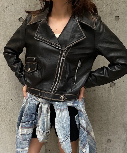 セール】ヴィンテージ加工合皮レザーライダースジャケット（ライダース