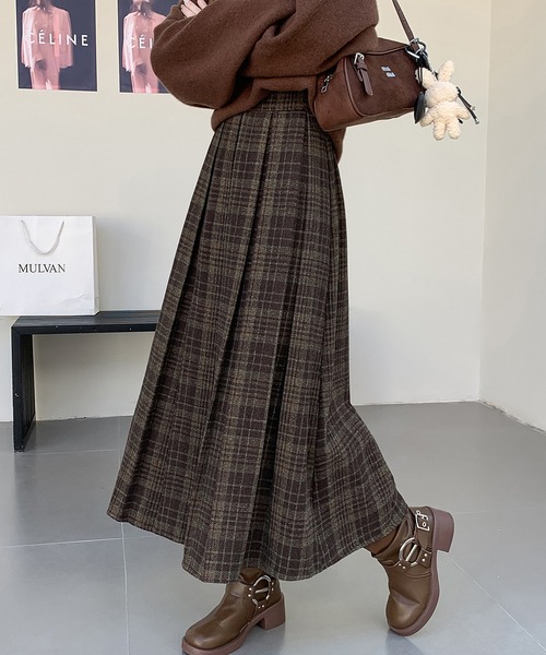 Doula Doula（ドゥーラドゥーラ）の「チェック柄プリーツロングスカート（スカート・レディース・ブラック/ブラウン・M/L）」の2枚目の写真