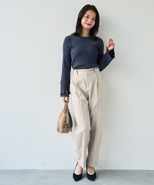 セール】ベルト付き センタープレス テーパードパンツ【セットアップ