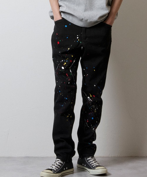HAND PAINTED TAPERED SKINNY DENIM JEANS BLACK ONE WASH / ハンド