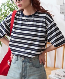 配色マルチボーダー オーバーサイズ 半袖Tシャツ
