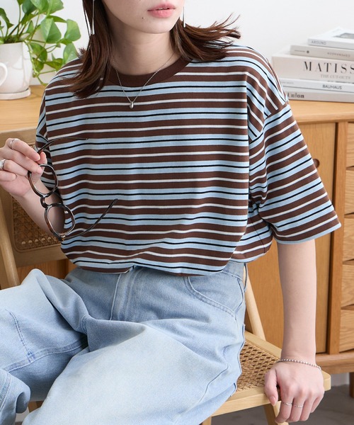 80s 90s ワイド ボーダー Tシャツ L シングルステッチ マルチカラー 90s 90年代 ボーダーTシャツ マルチカラー│ヴィテージ古着屋Feeet