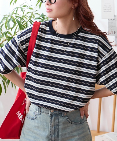 配色マルチボーダー オーバーサイズ 半袖Tシャツ MONO-MART│MONO-MART