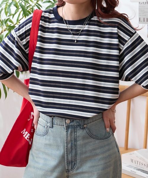 配色マルチボーダー オーバーサイズ 半袖Tシャツ MONO-MART│MONO-MART