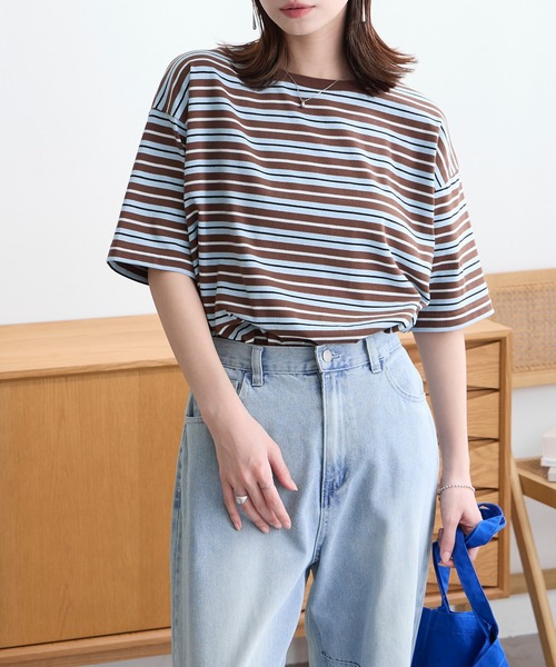 配色マルチボーダー オーバーサイズ 半袖Tシャツ MONO-MART│MONO-MART