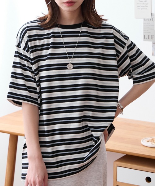 配色マルチボーダー オーバーサイズ 半袖Tシャツ MONO-MART│MONO-MART