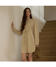 Double pintuck ribbon reversible mini dress - beige