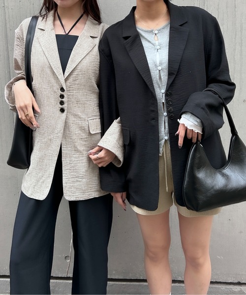 Maison Calme（メゾンカルム）の「【26年春夏新作】リネンライク ガーゼ ベルト付き テーラードジャケット ウエストマーク オフィスカジュアル（テーラードジャケット・レディース・ベージュ/グレー/ブラック・F）」の8枚目の写真