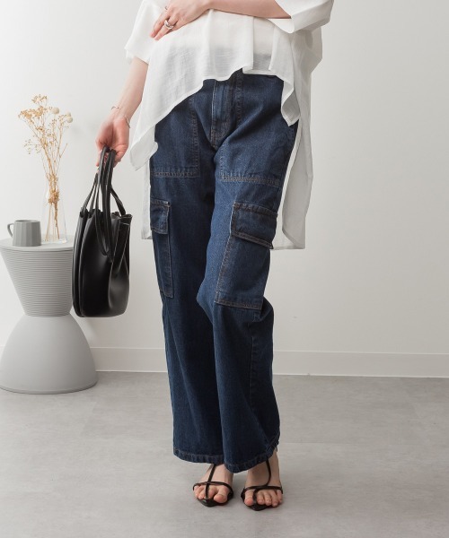 aity（アイティ）の「M-4L ヴィンテージ加工ポケット デニムカーゴパンツ（デニムパンツ・レディース・ワンウォッシュ/ブルー/ネイビー・M/L/LL/3L/4L）」の5枚目の写真