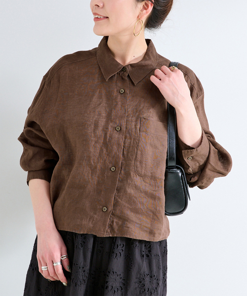 B.C STOCK(ベーセーストック)の「手洗い可 / フレンチリネンクロップ丈シャツ(シャツ/ブラウス・レディース・ホワイト/ブラウン/ブラック/ライトブルー・FREE)」の3枚目の写真