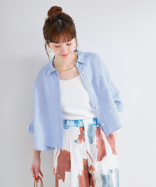 B.C STOCK(ベーセーストック)の「手洗い可 / フレンチリネンクロップ丈シャツ(シャツ/ブラウス・レディース・ホワイト/ブラウン/ブラック/ライトブルー・FREE)」の4枚目の写真
