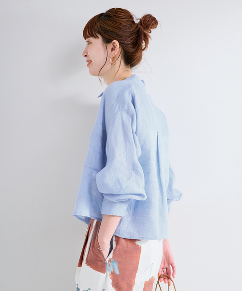 B.C STOCK(ベーセーストック)の「手洗い可 / フレンチリネンクロップ丈シャツ(シャツ/ブラウス・レディース・ホワイト/ブラウン/ブラック/ライトブルー・FREE)」の5枚目の写真
