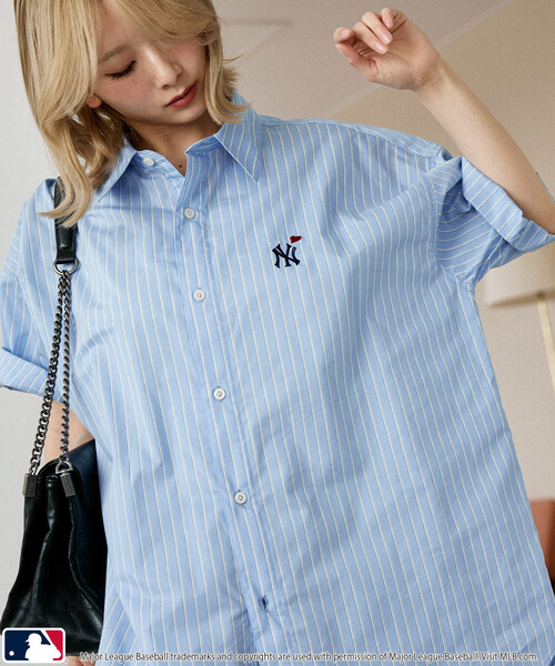 PUBLUX（パブリュクス）の「PUBLUX/パブリュクス 別注MLB ワンポイント刺繍 ハーフスリーブ ビッグシャツ　限定展開（シャツ/ブラウス・メンズ・サックスブルー/ブルー/ベージュ・LARGE/MEDIUM/SMALL）」の2枚目の写真