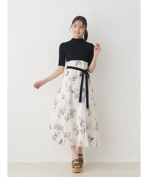 MERCURYDUO（マーキュリーデュオ）の「花柄ドッキングハーフスリーブワンピース（ワンピース・レディース・ミント/ブラック・MEDIUM/SMALL）」の7枚目の写真