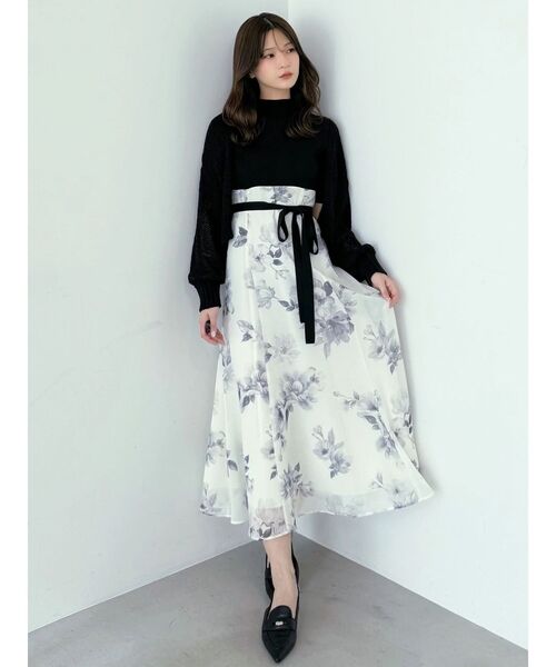 MERCURYDUO（マーキュリーデュオ）の「花柄ドッキングハーフスリーブワンピース（ワンピース・レディース・ミント/ブラック・MEDIUM/SMALL）」の3枚目の写真