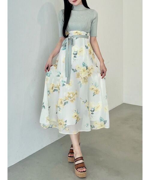 MERCURYDUO（マーキュリーデュオ）の「花柄ドッキングハーフスリーブワンピース（ワンピース・レディース・ミント/ブラック・MEDIUM/SMALL）」の6枚目の写真