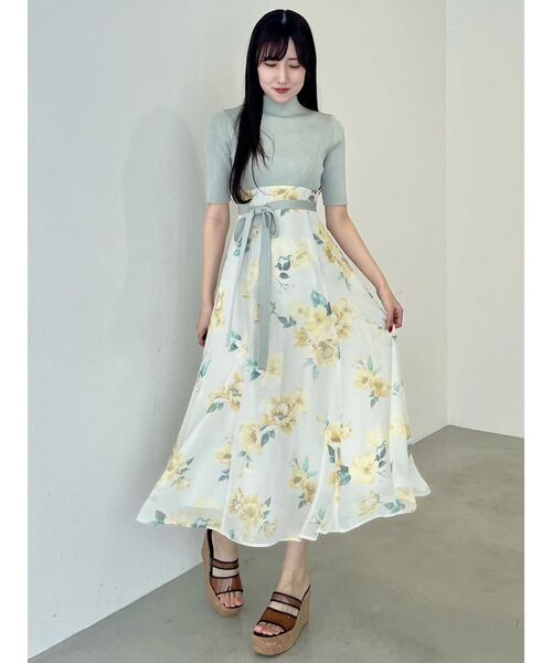 MERCURYDUO（マーキュリーデュオ）の「花柄ドッキングハーフスリーブワンピース（ワンピース・レディース・ミント/ブラック・MEDIUM/SMALL）」の7枚目の写真