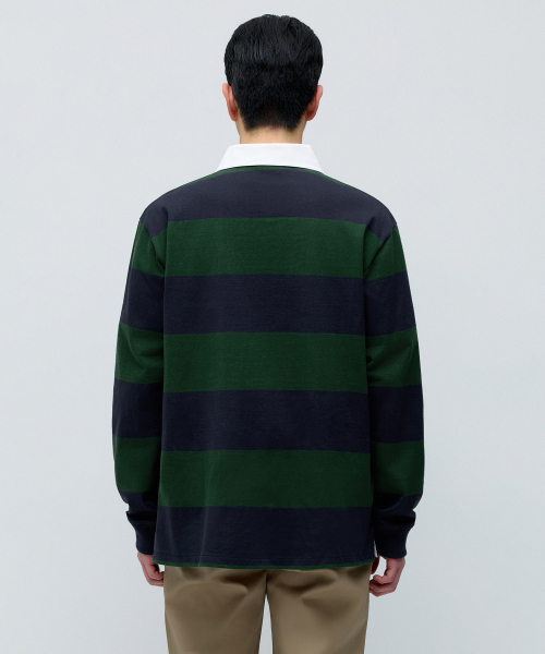 MUSINSA STANDARD（ムシンサスタンダード）の「リラックスドストライプラグビーシャツ[ネイビー/グリーン]（ポロシャツ・メンズ・その他・MEDIUM/LARGE/X-LARGE/2XL/3XL/SMALL）」の3枚目の写真