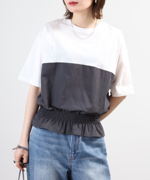 Anna Nicola(アンナニコラ)の「Anna Nicola 裾シャーリングクロップドトップス 半端袖(Tシャツ/カットソー・レディース・オフホワイト/チャコールグレー/ブラック・38)」の2枚目の写真