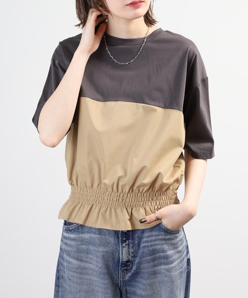 Anna Nicola(アンナニコラ)の「Anna Nicola 裾シャーリングクロップドトップス 半端袖(Tシャツ/カットソー・レディース・オフホワイト/チャコールグレー/ブラック・38)」の3枚目の写真