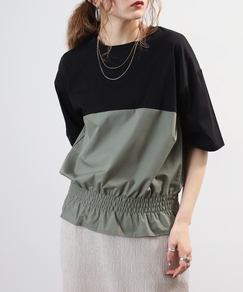 Anna Nicola(アンナニコラ)の「Anna Nicola 裾シャーリングクロップドトップス 半端袖(Tシャツ/カットソー・レディース・オフホワイト/チャコールグレー/ブラック・38)」の1枚目の写真