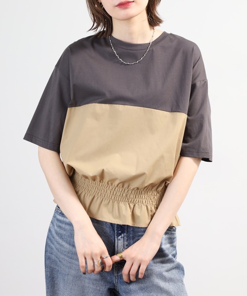 Anna Nicola(アンナニコラ)の「Anna Nicola 裾シャーリングクロップドトップス 半端袖(Tシャツ/カットソー・レディース・オフホワイト/チャコールグレー/ブラック・38)」の10枚目の写真