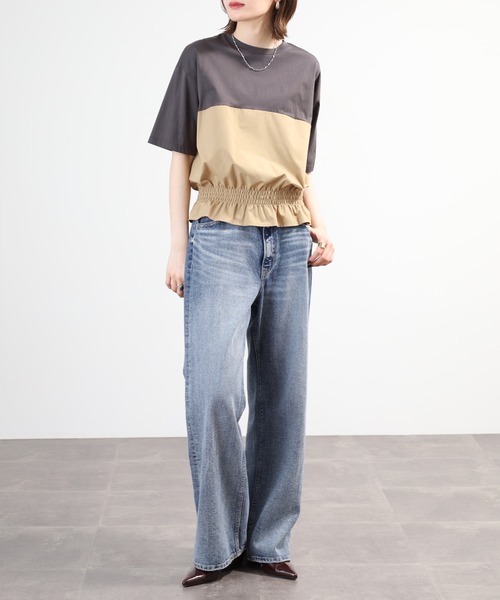 Anna Nicola(アンナニコラ)の「Anna Nicola 裾シャーリングクロップドトップス 半端袖(Tシャツ/カットソー・レディース・オフホワイト/チャコールグレー/ブラック・38)」の15枚目の写真