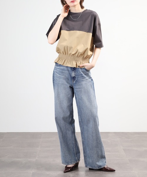 Anna Nicola(アンナニコラ)の「Anna Nicola 裾シャーリングクロップドトップス 半端袖(Tシャツ/カットソー・レディース・オフホワイト/チャコールグレー/ブラック・38)」の16枚目の写真