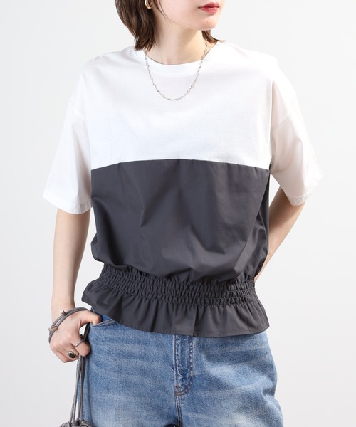 Anna Nicola(アンナニコラ)の「Anna Nicola 裾シャーリングクロップドトップス 半端袖(Tシャツ/カットソー・レディース・オフホワイト/チャコールグレー/ブラック・38)」の4枚目の写真