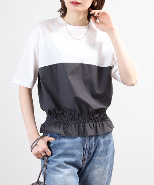 Anna Nicola(アンナニコラ)の「Anna Nicola 裾シャーリングクロップドトップス 半端袖(Tシャツ/カットソー・レディース・オフホワイト/チャコールグレー/ブラック・38)」の5枚目の写真