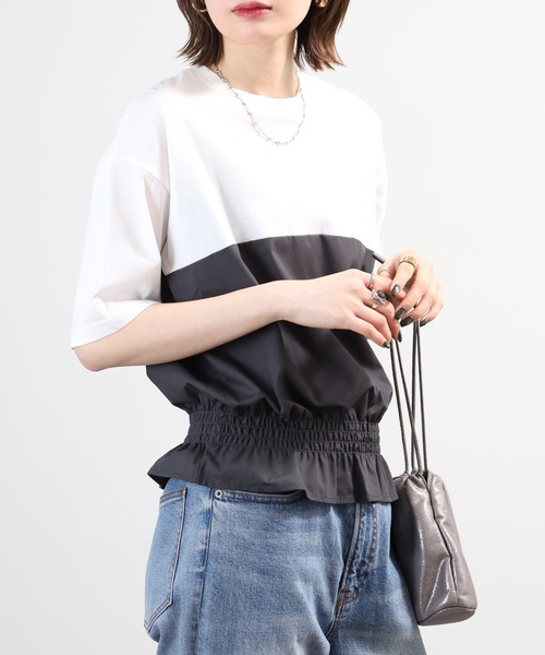 Anna Nicola(アンナニコラ)の「Anna Nicola 裾シャーリングクロップドトップス 半端袖(Tシャツ/カットソー・レディース・オフホワイト/チャコールグレー/ブラック・38)」の7枚目の写真