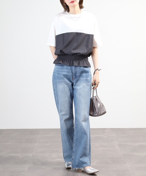 Anna Nicola(アンナニコラ)の「Anna Nicola 裾シャーリングクロップドトップス 半端袖(Tシャツ/カットソー・レディース・オフホワイト/チャコールグレー/ブラック・38)」の8枚目の写真