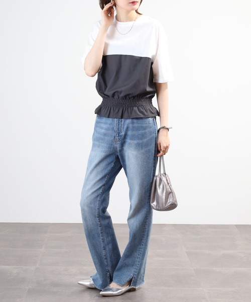 Anna Nicola(アンナニコラ)の「Anna Nicola 裾シャーリングクロップドトップス 半端袖(Tシャツ/カットソー・レディース・オフホワイト/チャコールグレー/ブラック・38)」の9枚目の写真