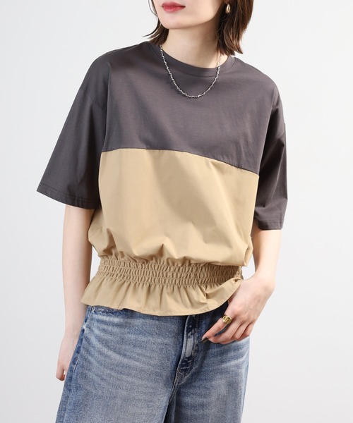 Anna Nicola(アンナニコラ)の「Anna Nicola 裾シャーリングクロップドトップス 半端袖(Tシャツ/カットソー・レディース・オフホワイト/チャコールグレー/ブラック・38)」の11枚目の写真