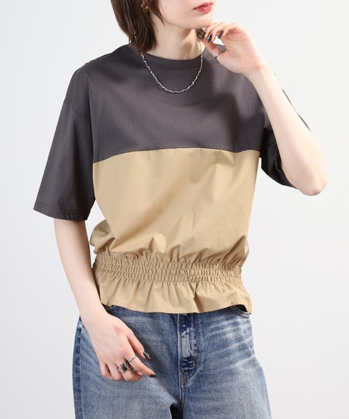 Anna Nicola(アンナニコラ)の「Anna Nicola 裾シャーリングクロップドトップス 半端袖(Tシャツ/カットソー・レディース・オフホワイト/チャコールグレー/ブラック・38)」の12枚目の写真