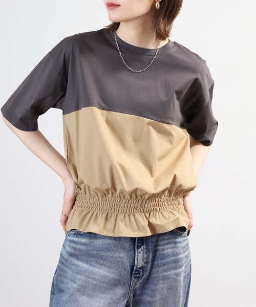 Anna Nicola(アンナニコラ)の「Anna Nicola 裾シャーリングクロップドトップス 半端袖(Tシャツ/カットソー・レディース・オフホワイト/チャコールグレー/ブラック・38)」の13枚目の写真