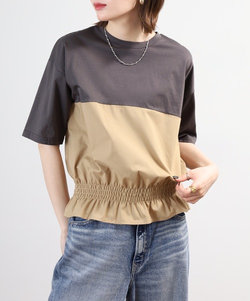 Anna Nicola(アンナニコラ)の「Anna Nicola 裾シャーリングクロップドトップス 半端袖(Tシャツ/カットソー・レディース・オフホワイト/チャコールグレー/ブラック・38)」の14枚目の写真