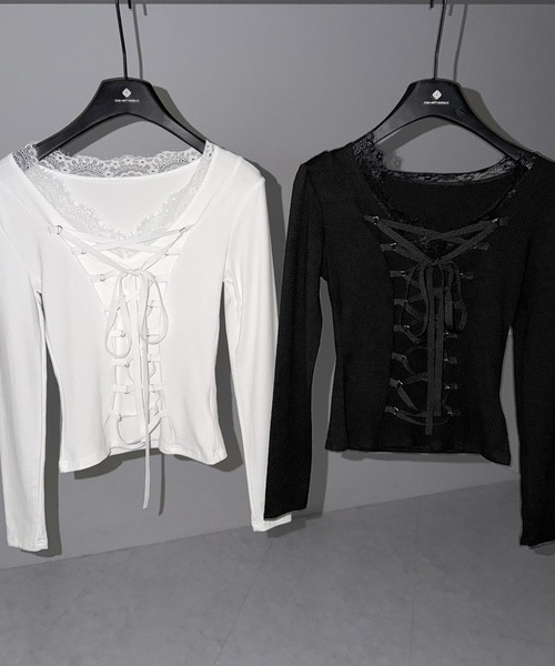 me+em select(ミームセレクト)の「【 クロスネックにできる2WAY 】フロントリボンレースアップスリムカットソートップス / 2WAY front ribbon lace up slim cutsew tops(Tシャツ/カットソー・レディース・ホワイト/ブラック・FREE)」の5枚目の写真