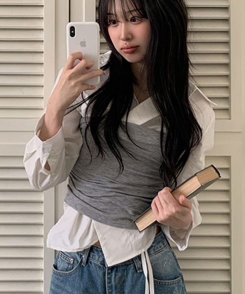 VIVID LADY(ビビッドレディー)の「カシュクールデザイン アシンメトリーカラーシャツ(シャツ/ブラウス・レディース・ネイビー/ブルー/クリーム/アイボリー/ライトブルー・FREE)」の19枚目の写真